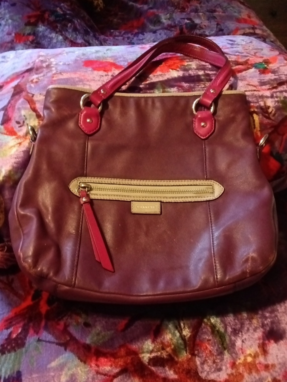 Coach Burgundy Leather Shoulder Bag with Pink Accents